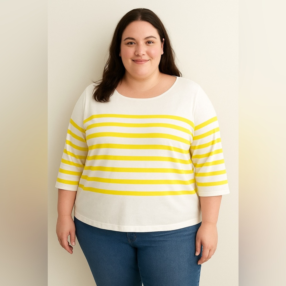 Lane Bryant White and Yellow 3/4 Sleeve T-Shirt